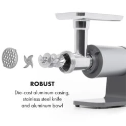 Mett Max Elektrischer Fleischwolf 600W Kupfermotor Aluminium -Küchenbedarf Geschäft 10034244 yy 0005 logo Klarstein Mett Max elektrischer Fleischwolf grau