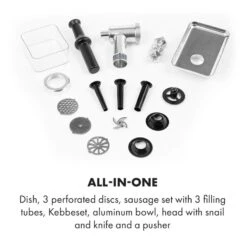 Mett Max Elektrischer Fleischwolf 600W Kupfermotor Aluminium -Küchenbedarf Geschäft 10034244 yy 0006 logo Klarstein Mett Max elektrischer Fleischwolf grau