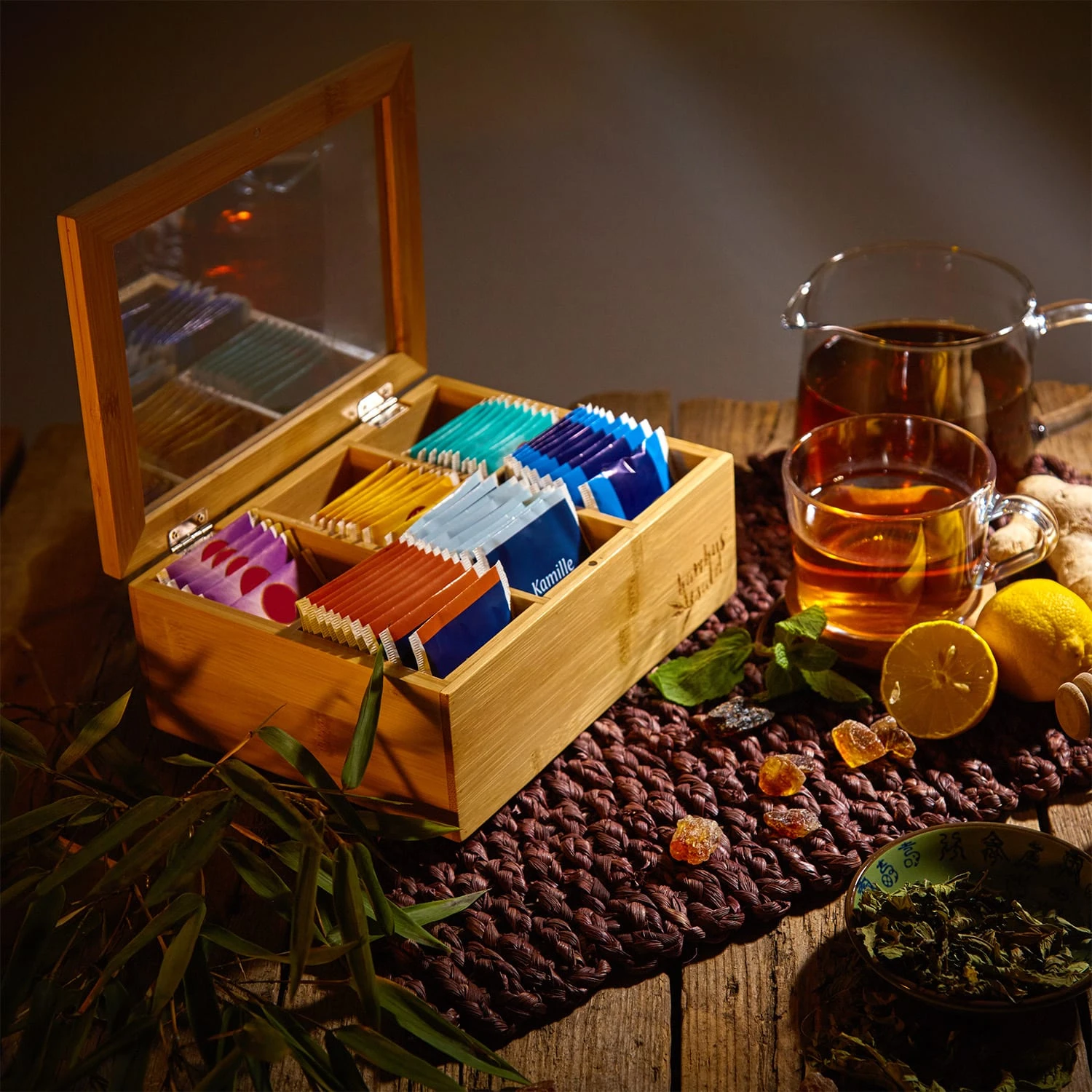 Teebox 6 Fächer 90 Teebeutel Kunststoff-Sichtfenster Bambus 3 Teebox 6 Fächer 90 Teebeutel Kunststoff-Sichtfenster Bambus – Bild 3