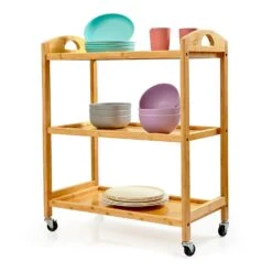 Servierwagen 3 Etagen 4 Rollen 60x74,5x33,5 Cm (BxHxT) Bambus