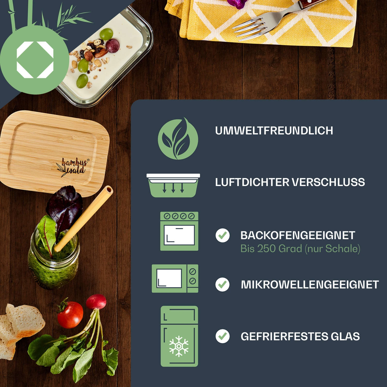 Eckiges Vorratsdosen-Set Glas Bambusdeckel 4 Stück Verschiedene Größen 2 Eckiges Vorratsdosen-Set Glas Bambusdeckel 4 Stück Verschiedene Größen – Bild 2