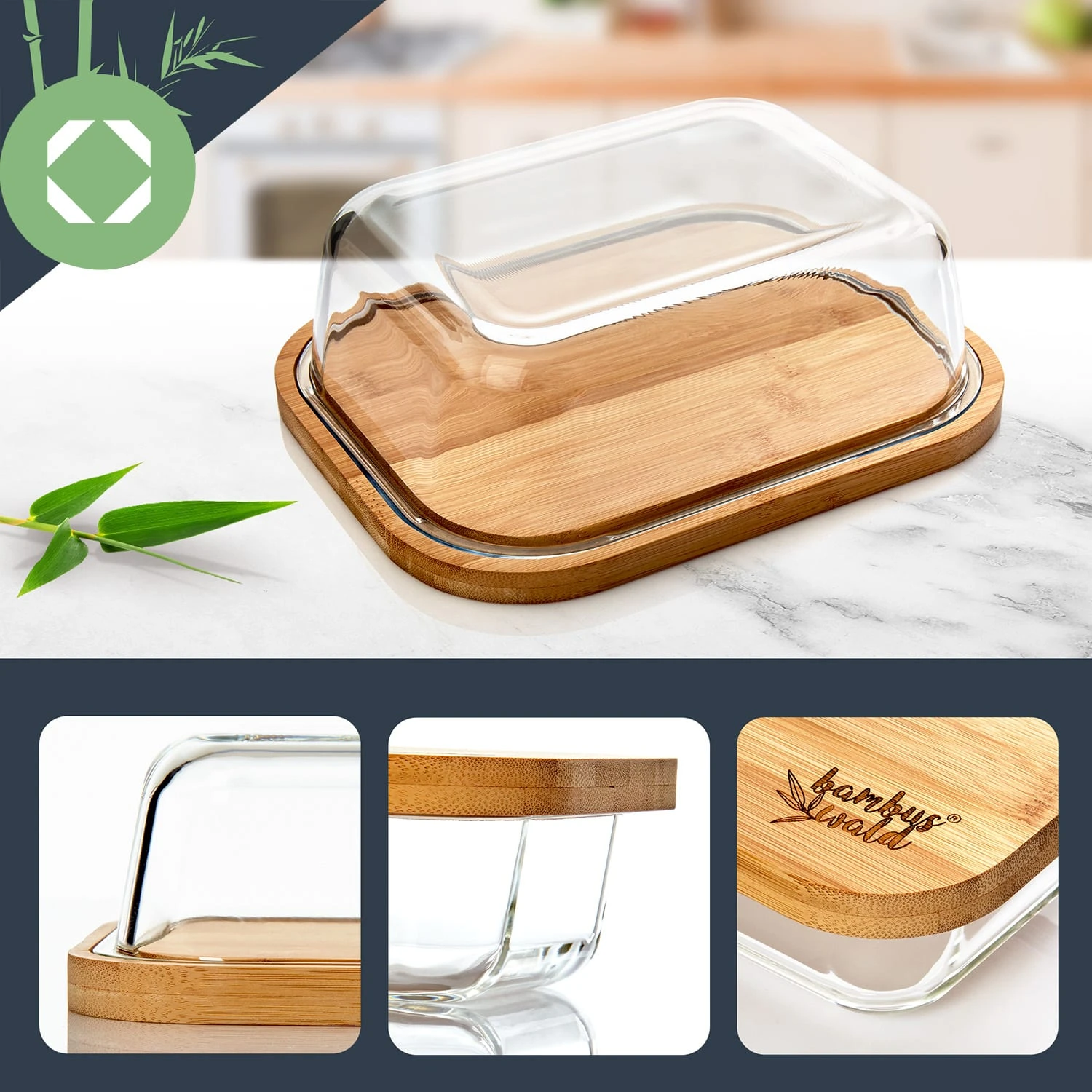 Glas-Käseglocke Bambusboden Luftdicht Geschmacksneutral Spülmaschinenfest 2 Glas-Käseglocke Bambusboden Luftdicht Geschmacksneutral Spülmaschinenfest – Bild 2