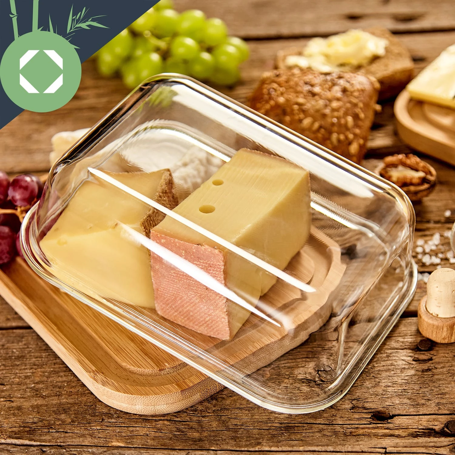 Glas-Käseglocke Bambusboden Luftdicht Geschmacksneutral Spülmaschinenfest 4 Glas-Käseglocke Bambusboden Luftdicht Geschmacksneutral Spülmaschinenfest – Bild 4