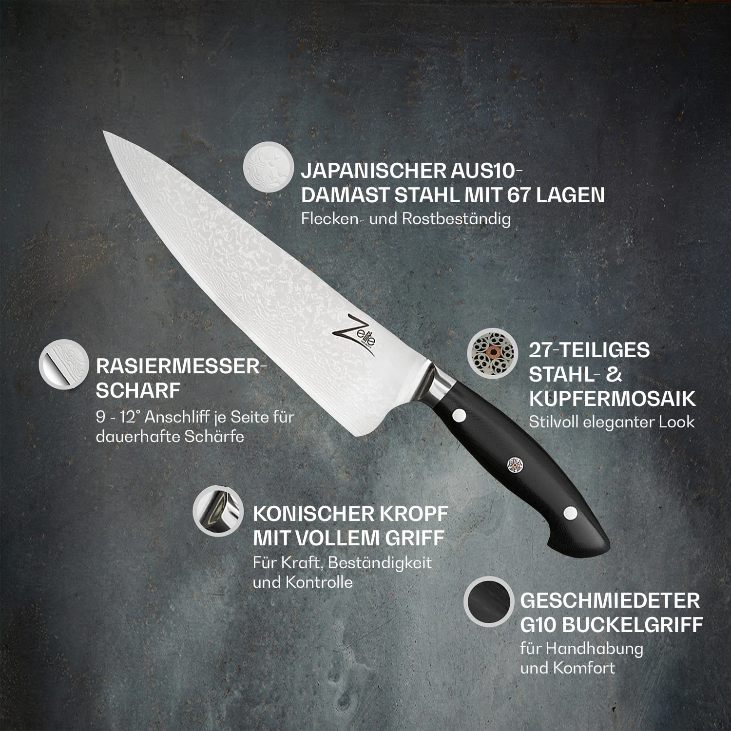 Executive-Plus Serie 8" Kochmesser 61 HRC Edelstahl 2 Executive-Plus Serie 8" Kochmesser 61 HRC Edelstahl – Bild 2