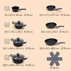 Noto Endurance Topf- Und Pfannenset Geschmiedetes Aluminium Ergonomische Griffe Glasdeckel Filz -Küchenbedarf Geschäft 60003055 yy 0009 dimensions
